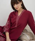 Red embroidered pure cotton kurta trouser set