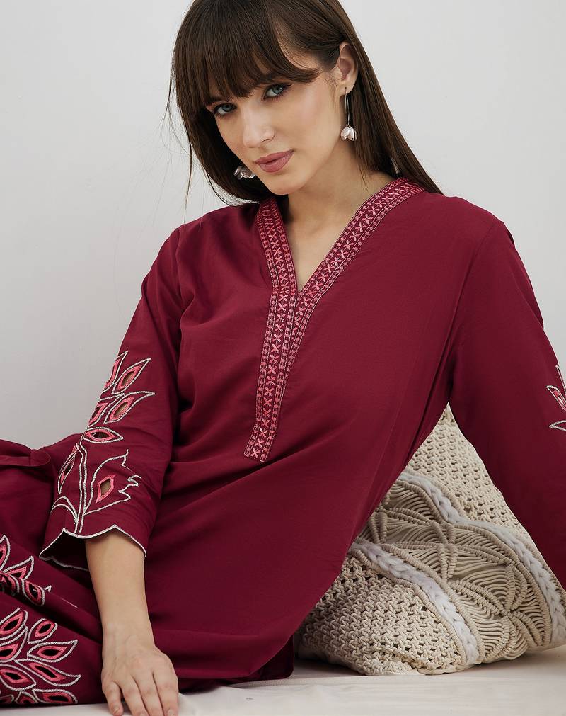 Red embroidered pure cotton kurta trouser set