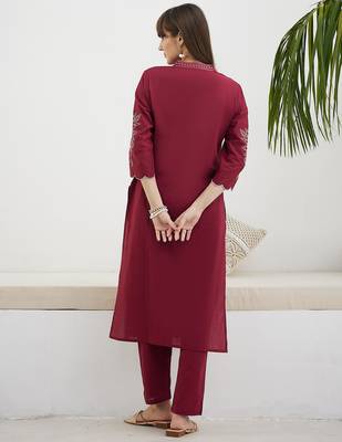 Red embroidered pure cotton kurta trouser set 2