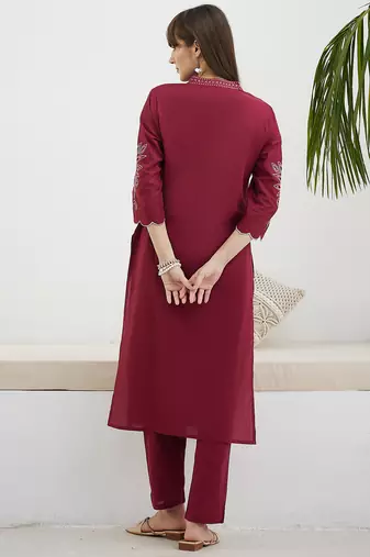 Red embroidered pure cotton kurta trouser set