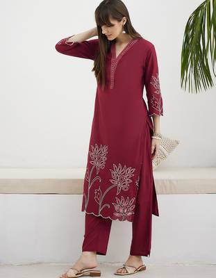 Red embroidered pure cotton kurta trouser set 3