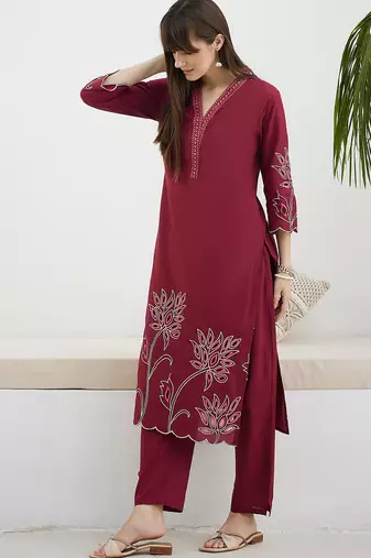 Red embroidered pure cotton kurta trouser set