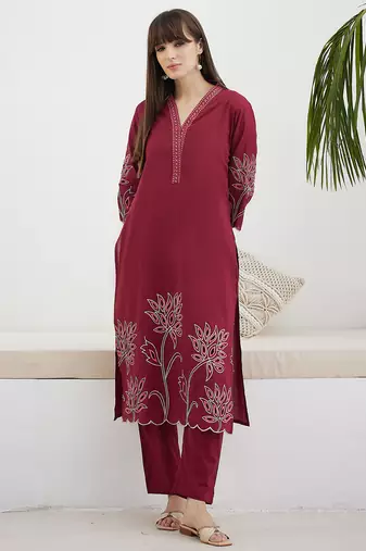 Red embroidered pure cotton kurta trouser set