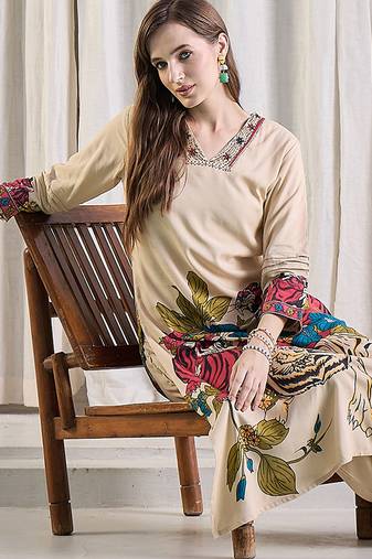 Beige printed viscose rayon kurta trouser set