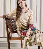 Beige printed viscose rayon kurta trouser set