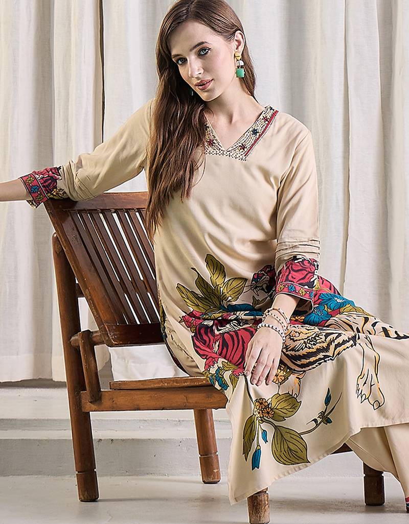 Beige printed viscose rayon kurta trouser set