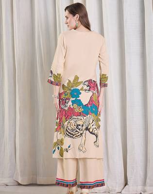 Beige printed viscose rayon kurta trouser set 2