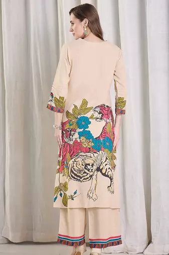 Beige printed viscose rayon kurta trouser set