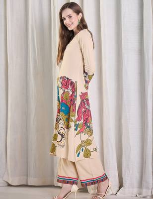 Beige printed viscose rayon kurta trouser set 3