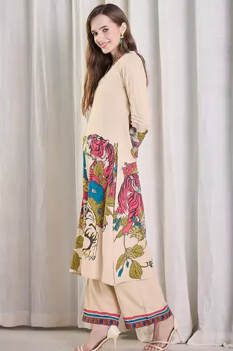 Beige printed viscose rayon kurta trouser set