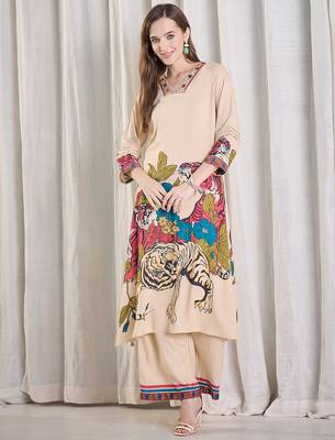 Beige printed viscose rayon kurta trouser set 4
