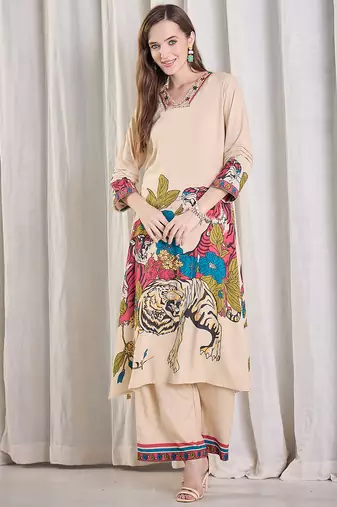Beige printed viscose rayon kurta trouser set