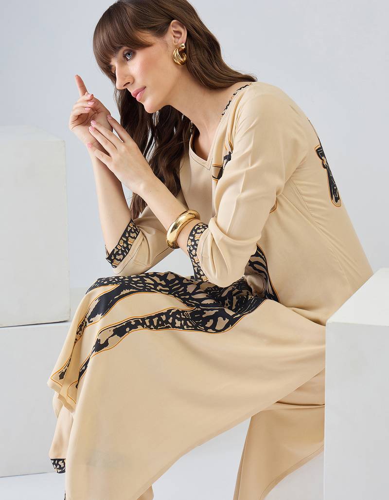 Beige printed viscose rayon kurta trouser set
