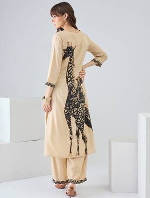 Beige printed viscose rayon kurta trouser set 3