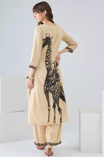 Beige printed viscose rayon kurta trouser set