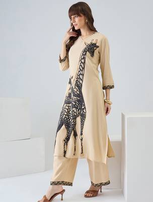 Beige printed viscose rayon kurta trouser set 4