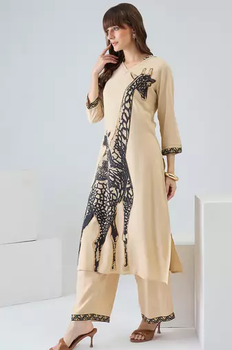 Beige printed viscose rayon kurta trouser set