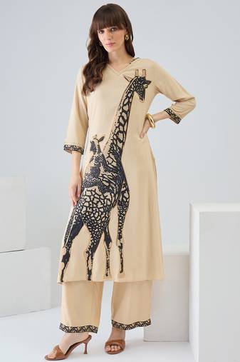 Beige printed viscose rayon kurta trouser set