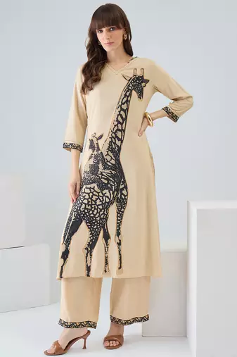 Beige printed viscose rayon kurta trouser set