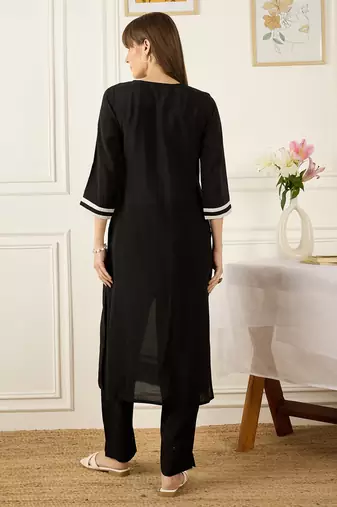 Black printed chanderi silk kurta trouser set