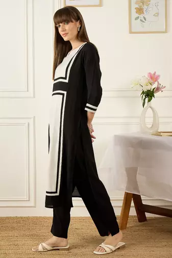 Black printed chanderi silk kurta trouser set