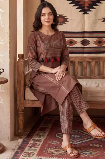 Brown printed pure cotton kurta trouser set