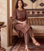 Brown printed pure cotton kurta trouser set