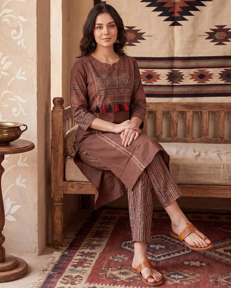 Brown printed pure cotton kurta trouser set