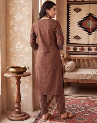 Brown printed pure cotton kurta trouser set 2