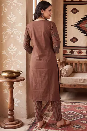 Brown printed pure cotton kurta trouser set