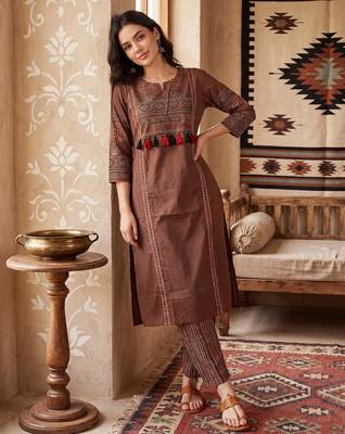 Brown printed pure cotton kurta trouser set 3