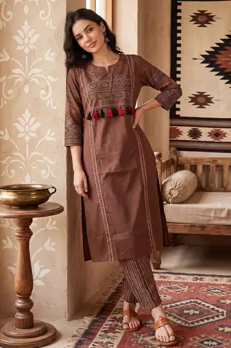 Brown printed pure cotton kurta trouser set