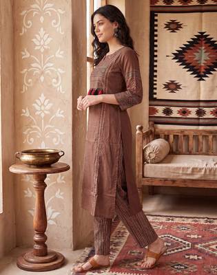 Brown printed pure cotton kurta trouser set 4
