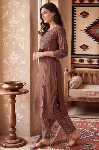 Brown printed pure cotton kurta trouser set
