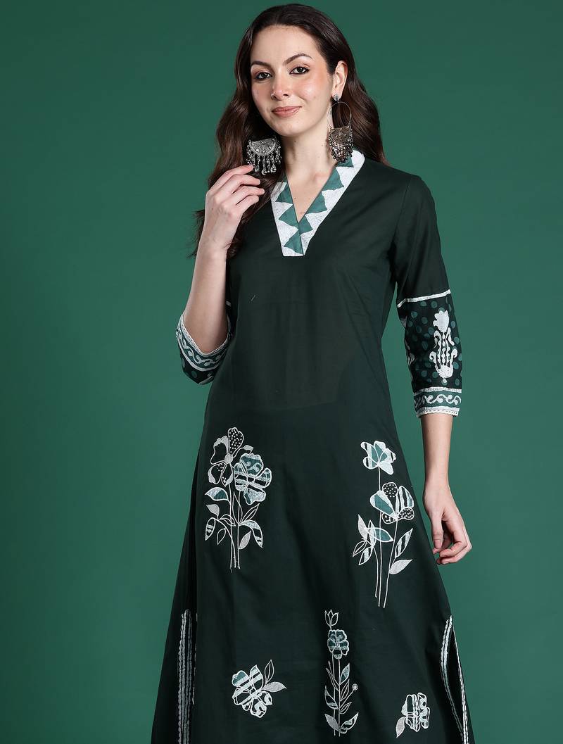 Green printed pure cotton kurta trouser set