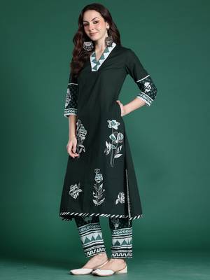 Green printed pure cotton kurta trouser set 3