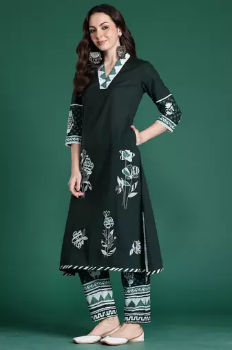 Green printed pure cotton kurta trouser set