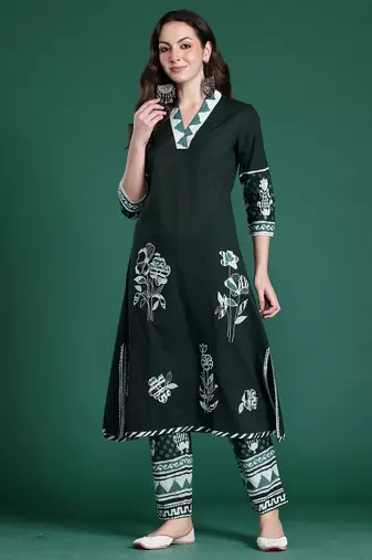 Green printed pure cotton kurta trouser set