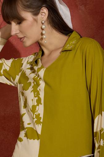 Green printed viscose rayon kurta trouser set