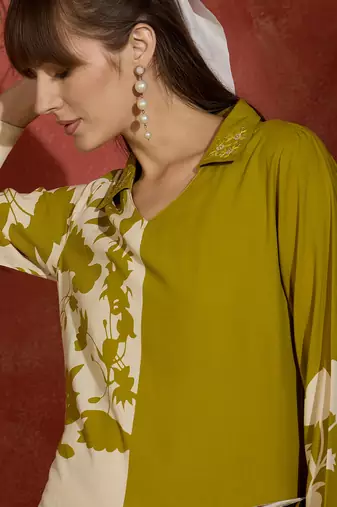 Green printed viscose rayon kurta trouser set