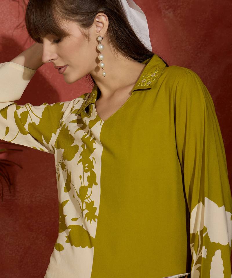 Green printed viscose rayon kurta trouser set