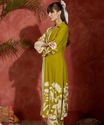 Green printed viscose rayon kurta trouser set 3