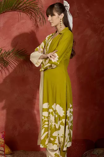 Green printed viscose rayon kurta trouser set