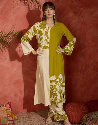 Green printed viscose rayon kurta trouser set 4