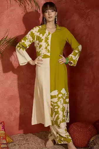 Green printed viscose rayon kurta trouser set