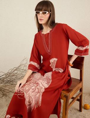 Orange embroidered viscose rayon kurta trouser set 1
