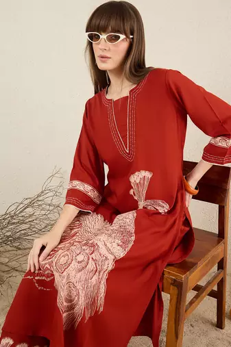 Orange embroidered viscose rayon kurta trouser set