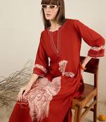 Orange embroidered viscose rayon kurta trouser set
