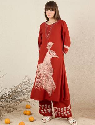 Orange embroidered viscose rayon kurta trouser set 4