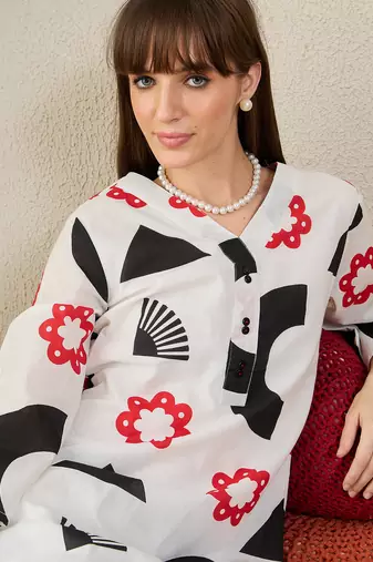 White printed pure cotton kurta trouser set
